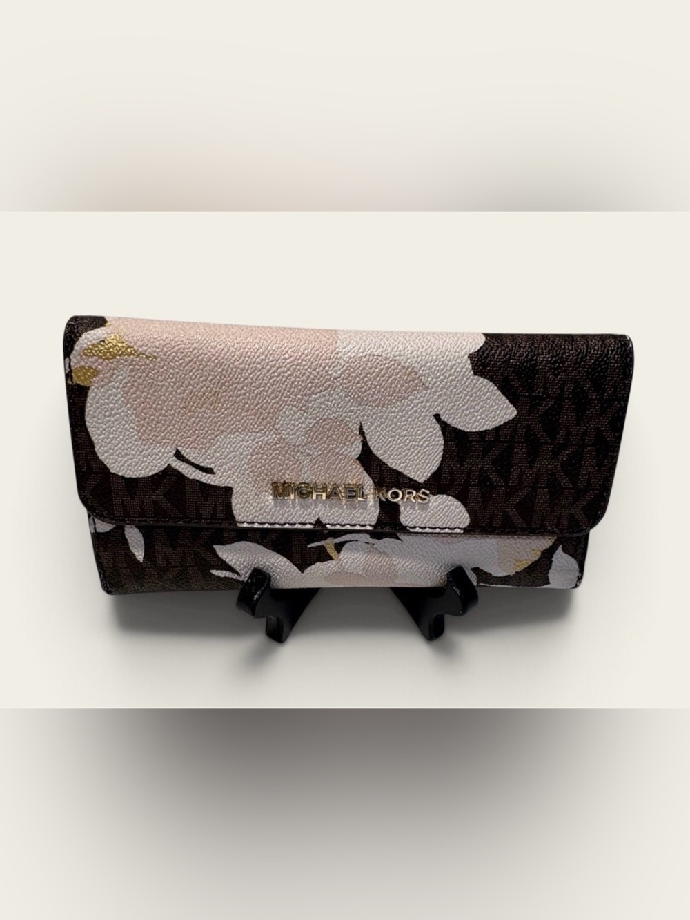Michael Kors Brown Floral Logo-Print Wallet with Pale Pink Accents
